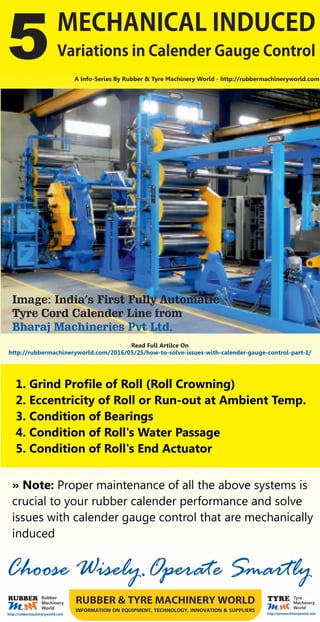 MECHANICALINDUCED
VariationsinCalenderGaugeControl5 A Info-Series By Rubber  Tyre Machinery World - http://rubbermachineryworld.com
1. Grind Proﬁle of Roll (Roll Crowning)
2. Eccentricity of Roll or Run-out at Ambient Temp.
3. Condition of Bearings
4. Condition of Roll's Water Passage
5. Condition of Roll's End Actuator
Image: India’s First Fully Automatic
Tyre Cord Calender Line from
Bharaj Machineries Pvt Ltd.
Choose Wisely.Operate Smartly
RUBBERTYREMACHINERYWORLD
INFORMATION ON EQUIPMENT TECHNOLOGY INNOVATION SUPPLIERS  , , 
Read Full Artilce On
http://rubbermachineryworld.com/2016/05/25/how-to-solve-issues-with-calender-gauge-control-part-1/
 