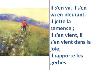 Il s’en va, il s’en
va en pleurant,
il jette la
semence ;
il s’en vient, il
s’en vient dans la
joie,
il rapporte les
gerbes.
 