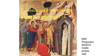 Jésus cria d’une voix forte
NDF
Production
04/2014
Crédit
photos
web
« Lazare, viens dehors ! »
Jn 11, 1-45