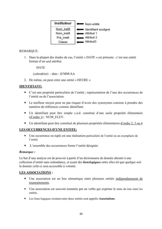 39
REMARQUE:
1. Dans la plupart des études de cas, l’entité « DATE » est présente : c’est une entité
formée d’un seul attribut
DATE
(calendrier) - date : JJ/MM/AA
2. De même, on peut créer une entité « HEURE »
IDENTIFIANT:
 C’est une propriété particulière de l’entité ; représentation de l’une des occurrences de
l’entité ou de l’association.
 Le meilleur moyen pour ne pas risquer d’avoir des synonymes consiste à prendre des
numéros de références comme identifiant.
 Un identifiant peut être simple c.à.d. constitué d’une seule propriété élémentaire
(d’ordre 1) : NUM_ELEV.
 Un identifiant peut être constitué de plusieurs propriétés élémentaires:d’ordre 2, 3 ou 4
LES OCCURRENCES D’UNE ENTITE:
 Une occurrence ou tuple est une réalisation particulière de l’entité ou un exemplaire de
l’entité.
 L’ensemble des occurrences forme l’entité désignée.
Remarque :
Le but d’une analyse est de pouvoir à partir d’un dictionnaire de donnée aboutir à une
collection d’entité sans redondance, et ayant des lienslogiques entre elles tel que quelque soit
la donnée celle-ci sera accessible à volonté.
LES ASSOCIATIONS :
 Une association est un lien sémantique entre plusieurs entités indépendamment de
toustraitements.
 Une association est souvent nommée par un verbe qui exprime le sens du lien entre les
entités.
 Les liens logiques existant entre deux entités sont appelés Associations.
 