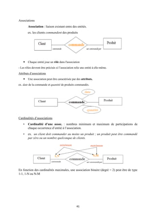 41
Associations
Association : liaison existant entre des entités.
ex. les clients commandent des produits
 Chaque entité joue un rôle dans l'association
- Les rôles devront être précisés si l’association relie une entité à elle-même.
Attributs d’associations
 Une association peut être caractérisée par des attributs.
ex. date de la commande et quantité de produits commandés.
Cardinalités d’associations
• Cardinalité d’une assoc. : nombres minimum et maximum de participations de
chaque occurrence d’entité à l’association.
• ex. un client doit commander au moins un produit ; un produit peut être commandé
par zéro ou un nombre quelconque de clients.
En fonction des cardinalités maximales, une association binaire (degré = 2) peut être de type
1-1, 1-N ou N-M
 