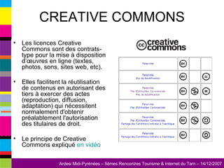 CREATIVE COMMONS Les licences Creative Commons sont des contrats-type pour la mise à disposition d’œuvres en ligne (textes, photos, sons, sites web, etc). Elles facilitent la réutilisation de contenus en autorisant des tiers à exercer des actes (reproduction, diffusion, adaptation) qui nécessitent normalement d'obtenir préalablement l'autorisation des titulaires de droit. Le principe de Creative Commons expliqué  en vidéo 