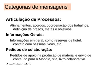 Data: 5 a 8 de outubro Local: Brasília Sistematização e registro:  http://www.telecentros.br.com/node/87 Objetivos:  discutir o projeto Módulo 1; iniciar a construção da formação de tutores e gestores; delinear orientações para a construção da interface de interação dos cursos online construídos pela Rede Nacional de Formação; iniciar a sistematização das diretrizes da Rede de Formação.  Decisões: - lógica de formação, para os monitores, que garanta uma primeira aproximação aos temas, seguida de aprofundamentos, ao invés da lógica de módulos; - planejamento coletivo da interface do Moodle – tela de entrada, blocos laterais e estrutura por tema; - elaboração e pactuação de diretrizes e acordos de construção e formatação para os cursos online; - sistematização das diretrizes da Rede de Formação, a partir da consulta de documentos-síntese produzidos até o momento; - diretrizes para a formação de gestores e tutores. 2º Seminário da Rede de Formação 