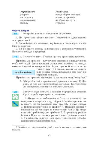 Розіграйте діалоги за наведеними ситуаціями.
1. Ви прочитали цікаву книжку. Переконайте однокласника
теж прочитати її.
2. Ви зацікавилися книжкою, яку бачили у свого друга, але він
її ще не дочитав.
3. Ви вибираєте книжку на подарунок у книжковому магазині.
Попросіть поради в продавця.
1. Прочитайте текст. З’ясуйте, що таке привітальна промова.
Привітальна промова — це урочисте звернення з нагоди1 якоїсь
особливої події. Зміст промови становлять: вказівка на нагоду;
похвала і вдячність конкретній особі чи групі осіб; перелік пози
тивних якостей і заслуг, заклик до подаль
ших добрих справ, побажання всіх благ, які
сприяють успіхові.
Привітальна промова відповідає на запитання чому? кому? що?
2. Обміркуйте зміст привітальної промови з нагоди: 1) Дня
знань; 2) Дня вчителя; 3) ювілею вчительки. Текст промови
(до семи речень) запишіть і виголосіть її в класі.
Визначте види помилок і запишіть відредаговані речення.
У разі потреби користуйтеся словником.
1. Ми не могли побачитися по багатьох причинах і до
говорилися зустрітися в другий раз. 2. Учні попросили но
венького, що ти розкажеш нам про себе в двух словах.
3. Поїзди ходили точно по графіку. 4. Пасажир запитав у
провідника, що чи скоро ви подаcте мені чай. 5. Це лікар
ство слід приймати у два прийоми. 6. В прошлому році ми
їздили в Крим залізною дорогою, а тепер їдемо на машині.
7. У крайньому випадку Ігорь прилетить літаком. 8. По ба
жанню клієнта вибирають обої.
12
1 Нагода — рос. подходящий случай; з нагоди ювілею — рос. по случаю
юбилея.
з нагоди ювілею
18
19
20
Українською
уперше
час від часу
дорогою назад
насилу
Російською
в первый раз, впервые
время от времени
на обратном пути
с трудом
 
