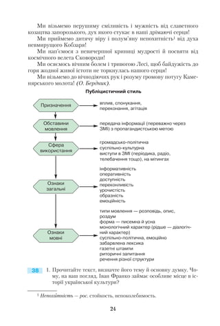 Ми візьмемо нерушиму сміливість і мужність від славетного
козацтва запорозького, дух якого стукає в наші дрімаючі серця!
Ми приймемо дитячу віру і полум’яну непохитність1 від духа
невмирущого Кобзаря!
Ми нап’ємося з невичерпної криниці мудрості й посвяти від
космічного велета Сковороди!
Ми осяємось вічним болем і тривогою Лесі, щоб байдужість до
горя жодної живої істоти не торкнулась нашого серця!
Ми візьмемо до вічнодіючих рук і розуму громову потугу Каме
нярського молота! (О. Бердник).
1. Прочитайте текст, визначте його тему й основну думку. Чо
му, на ваш погляд, Іван Франко займає особливе місце в іс
торії української культури?
24
Публіцистичний стиль
Обставини
мовлення
Сфера
використання
Ознаки
загальні
Ознаки
мовні
вплив, спонукання,
переконання, агітація
передача інформації (переважно через
ЗМІ) з пропагандистською метою
громадсько політична
суспільно культурна
виступи в ЗМІ (періодика, радіо,
телебачення тощо), на мітингах
інформативність
оперативність
доступність
переконливість
урочистість
образність
емоційність
типи мовлення — розповідь, опис,
роздум
форма — писемна й усна
монологічний характер (рідше — діалогіч
ний характер)
суспільно політична, емоційно
забарвлена лексика
газетні штампи
риторичні запитання
речення різної структури
1 Непохитність — рос. стойкость, непоколебимость.
38
Призначення
 