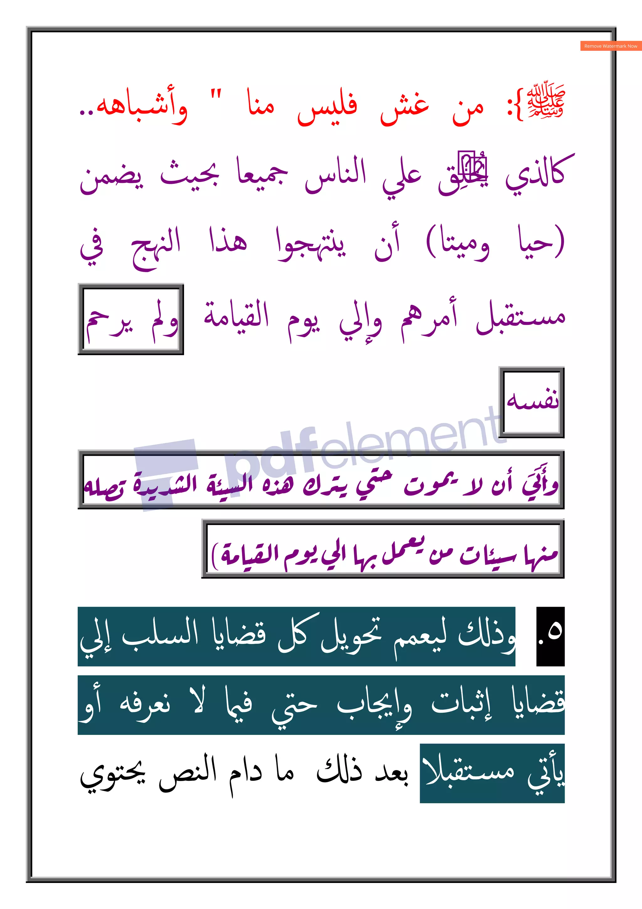 ‫ﷺ‬
{
:
‫ﺎ‬ ‫ﻣ‬ ‫ﺲ‬‫ﻓﻠ‬ ‫ﻏﺶ‬ ‫ﻣﻦ‬

‫ﺒﺎﻫﻪ‬„‫ﺷ‬ٔ4‫و‬
..
‫ﯾﻀﻤﻦ‬ ‫ﯿﺚ‬‫ﲝ‬ ‫ﯿﻌﺎ‬‫ﲨ‬ ‫ﻨﺎس‬‫ﻟ‬‫ا‬ ‫ﲇ‬ ‫ﻖ‬ِّ
‫ﻠ‬َُ
‫ﳛ‬ ‫ي‬O‫ﰷ‬
)
‫ﺘﺎ‬8‫ﻣ‬‫و‬ ‫ﺎ‬8‫ﺣ‬
(
‫ﰲ‬ ‫ﳯﺞ‬ñ‫ا‬ ‫ﻫﺬا‬ ‫ا‬‫ﻮ‬‫ﳤﺠ‬k‫ﯾ‬ ‫ن‬ٔ4
‫ﺎﻣﺔ‬8‫اﻟﻘ‬ ‫ﯾﻮم‬ ‫ﱄ‬ٕ‫ا‬‫و‬ ‫ﻣﺮﱒ‬ٔ4 ‫ﻞ‬q‫ﺘﻘ‬„‫ﺴ‬‫ﻣ‬
‫وﱂ‬
‫ﺮﰘ‬2
‫ﺴﻪ‬‫ﻧﻔ‬
َ
;
َ
َٔ

=
ٔ
!
? @
3
ABC
D
 ٔ E
F 8
G
'HI
JKL
 ٔ %
0L
M-
JN
;
O
P?Q
L R
(
٥
.
‫ﱄ‬ٕ‫ا‬ ‫ﺴﻠﺐ‬‫ﻟ‬‫ا‬ î‫ﻗﻀﺎ‬ ‫ﰻ‬ ‫ﯾﻞ‬‫ﻮ‬‫ﲢ‬ ‫ﯿﻌﻤﻢ‬‫ﻟ‬ °‫وذ‬
‫و‬ٔ4 ‫ﻓﻪ‬‫ﺮ‬‫ﻧﻌ‬ ‫ﻻ‬ ‫ﻓ‬ ‫ﺣﱵ‬ ‫ﳚﺎب‬ٕ‫ا‬‫و‬ ‫ﺒﺎت‬‫ٕﺛ‬‫ا‬ î‫ﻗﻀﺎ‬
‫ﰐ‬ٔt‫ﯾ‬
‫ﻼ‬q‫ﺘﻘ‬„‫ﺴ‬‫ﻣ‬
°‫ذ‬ ‫ﺑﻌﺪ‬
‫ﺘﻮي‬‫ﳛ‬ ‫ﻨﺺ‬‫ﻟ‬‫ا‬ ‫دام‬ ‫ﻣﺎ‬
 