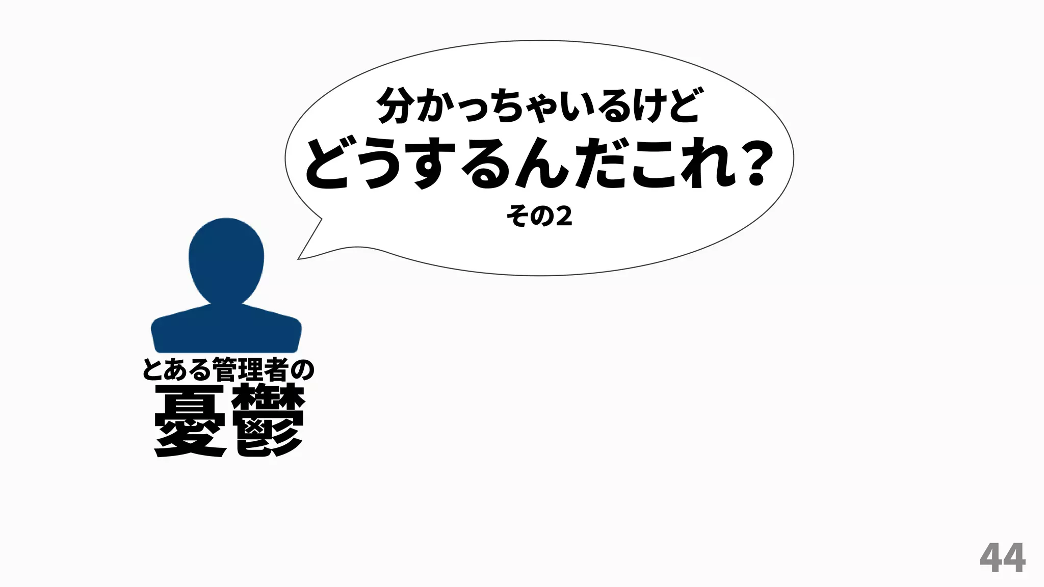 44
分かっちゃいるけど
どうするんだこれ？
その２
とある管理者の
憂鬱
 