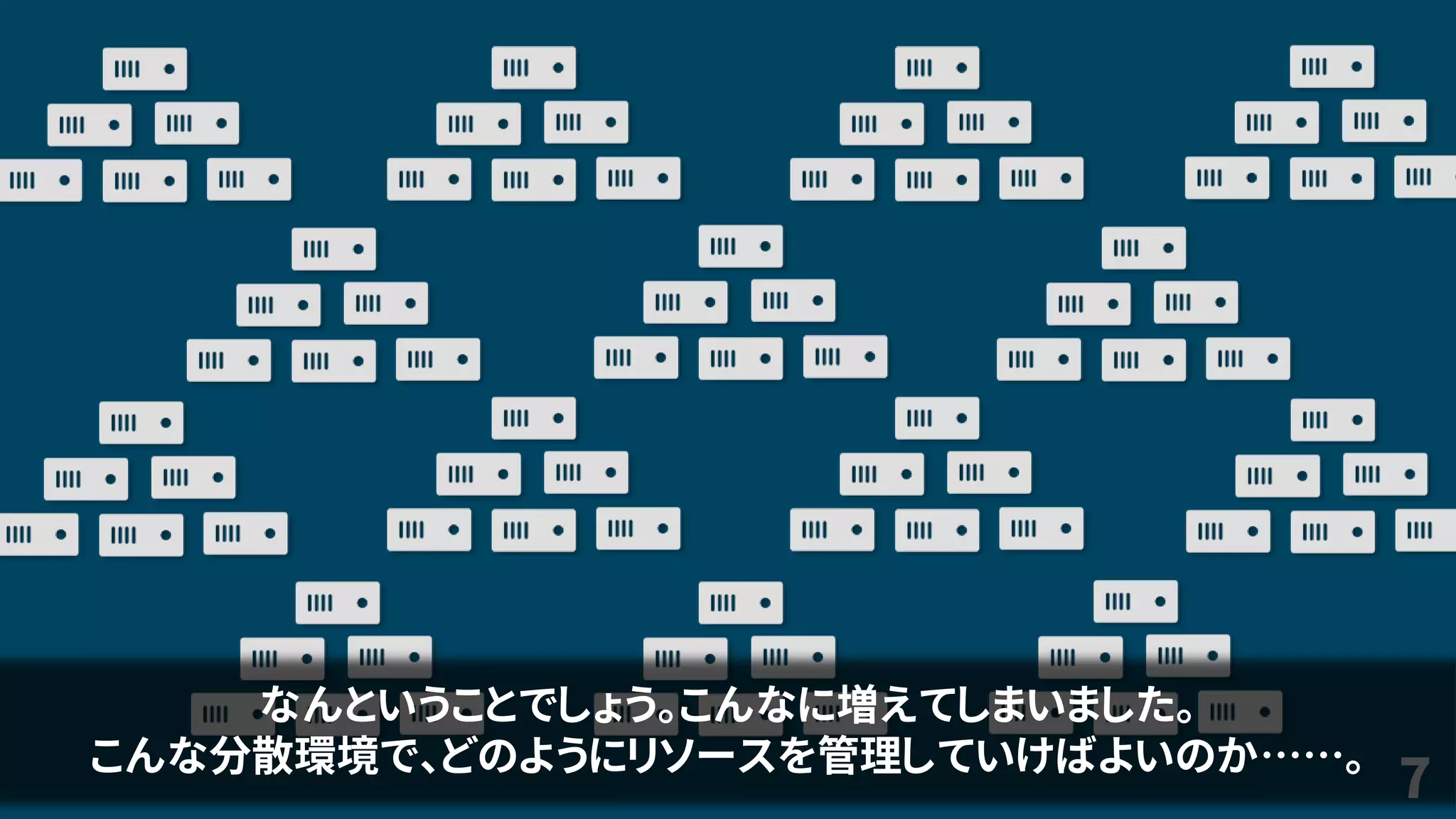 7
なんということでしょう。こんなに増えてしまいました。
こんな分散環境で、どのようにリソースを管理していけばよいのか……。
 