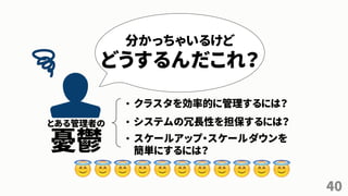 40
分かっちゃいるけど
どうするんだこれ？
• クラスタを効率的に管理するには？
• システムの冗長性を担保するには？
• スケールアップ・スケールダウンを
簡単にするには？
とある管理者の
憂鬱
 