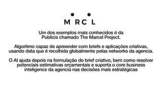 Um dos exemplos mais conhecidos é da


Publicis chamado The Marcel Project.


Algoritmo capaz de apreender com briefs e aplicações criativas,
usando data que é recolhida globalmente pelas networks da agencia.


O AI ajuda depois na formulação do brief criativo, bem como resolver
potenciais estimativas orçamentais e suporta o core business
inteligence da agencia nas decisões mais estratégicas
 