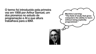 O termo foi introduzido pela primeira
vez em 1958 por Arthur Samuel, um
dos pioneiros no estudo de
programação e AI e que altura
trabalhava para a IBM.
 