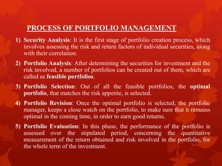 PROCESS OF PORTFOLIO MANAGEMENT
1) Security Analysis: It is the first stage of portfolio creation process, which
involves assessing the risk and return factors of individual securities, along
with their correlation.
2) Portfolio Analysis: After determining the securities for investment and the
risk involved, a number of portfolios can be created out of them, which are
called as feasible portfolios.
3) Portfolio Selection: Out of all the feasible portfolios, the optimal
portfolio, that matches the risk appetite, is selected.
4) Portfolio Revision: Once the optimal portfolio is selected, the portfolio
manager, keeps a close watch on the portfolio, to make sure that it remains
optimal in the coming time, in order to earn good returns.
5) Portfolio Evaluation: In this phase, the performance of the portfolio is
assessed over the stipulated period, concerning the quantitative
measurement of the return obtained and risk involved in the portfolio, for
the whole term of the investment.
 