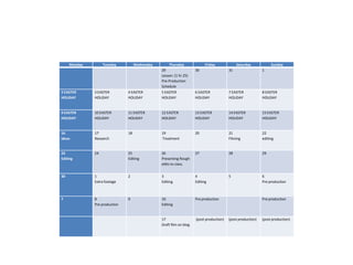 Monday        Tuesday          Wednesday       Thursday               Friday             Saturday            Sunday
                                                29                   30                  31                  1
                                                Lesson: (1 hr 25)
                                                Pre-Production
                                                Schedule
2 EASTER      3 EASTER         4 EASTER         5 EASTER             6 EASTER            7 EASTER            8 EASTER
HOLIDAY       HOLIDAY          HOLIDAY          HOLIDAY              HOLIDAY             HOLIDAY             HOLIDAY


9 EASTER      10 EASTER        11 EASTER        12 EASTER            13 EASTER           14 EASTER           15 EASTER
HOLIDAY       HOLIDAY          HOLIDAY          HOLIDAY              HOLIDAY             HOLIDAY             HOLIDAY


16            17               18               19                   20                  21                  22
Ideas         Research                          Treatment                                Filming             editing


23            24               25               26                   27                  28                  29
Editing                        Editing          Presenting Rough
                                                edits to class.


30            1                2                3                    4                   5                   6
              Extra footage                     Editing              Editing                                 Pre production



7             8                9                10                   Pre production                          Pre production
              Pre production                    Editing


                                                17                   (post production)   (post production)   (post production)
                                                Draft film on blog
 