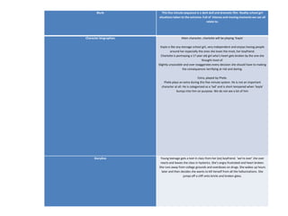 Blurb              This five minute sequence is a dark dull and dramatic film. Reality school girl
                        situations taken to the extreme. Full of Intense and moving moments we can all
                                                            relate to.




Character biographies                    Main character, charlotte will be playing ‘Kayla’

                         Kayla is like any teenage school girl, very independent and enjoys having people
                                  around her especially the ones she loves the most, her boyfriend.
                          Charlotte is portraying a 17 year old girl who’s heart gets broken by the one she
                                                          thought most of.
                        Slightly unsociable and over exaggerates every decision she should have to making
                                            the consequences terrifying at risk and daring.

                                                        Extra, played by Phele.
                            Phele plays an extra during this five minute system. He is not an important
                          character at all. He is categorized as a ‘lad’ and is short tempered when ‘kayla’
                                     bumps into him on purpose. We do not see a lot of him




      Storyline          Young teenage gets a text in class from her (ex) boyfriend. ‘we’re over’ she over
                         reacts and leaves the class in hysterics. She’s angry frustrated and heart broken.
                        She runs away from college grounds and overdoses on drugs. She wakes up hours
                          later and then decides she wants to kill herself from all the hallucinations. She
                                          jumps off a cliff onto bricks and broken glass.
 