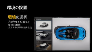 環境の設置
環境の選択
プロダクトを配置する
環境を用意
(作成済みの環境を読み込む)
 