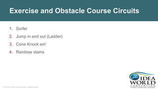 © 2018 IDEA Health & Fitness Association. All Rights Reserved.
Exercise and Obstacle Course Circuits
1. Surfer
2. Jump in and out (Ladder)
3. Cone Knock em’
4. Rainbow slams
 