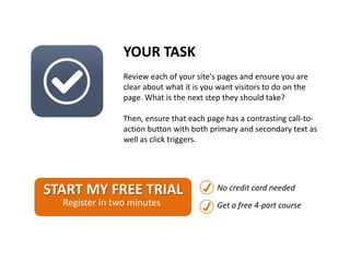 YOUR TASK
Review each of your site's pages and ensure you are
clear about what it is you want visitors to do on the
page. What is the next step they should take?
Then, ensure that each page has a contrasting call-toaction button with both primary and secondary text as
well as click triggers.
START MY FREE TRIAL
Register in two minutes
No credit card needed
Get a free 4-part course