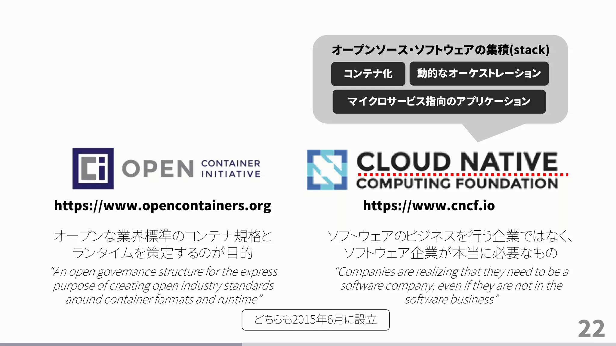 22
https://www.opencontainers.org https://www.cncf.io
コンテナ化 動的なオーケストレーション
マイクロサービス指向のアプリケーション
オープンソース・ソフトウェアの集積(stack)
オープンな業界標準のコンテナ規格と
ランタイムを策定するのが目的
“An open governance structure for the express
purpose of creating open industry standards
around container formats and runtime”
ソフトウェアのビジネスを行う企業ではなく、
ソフトウェア企業が本当に必要なもの
“Companies are realizing that they need to be a
software company, even if they are not in the
software business”
どちらも2015年6月に設立
 