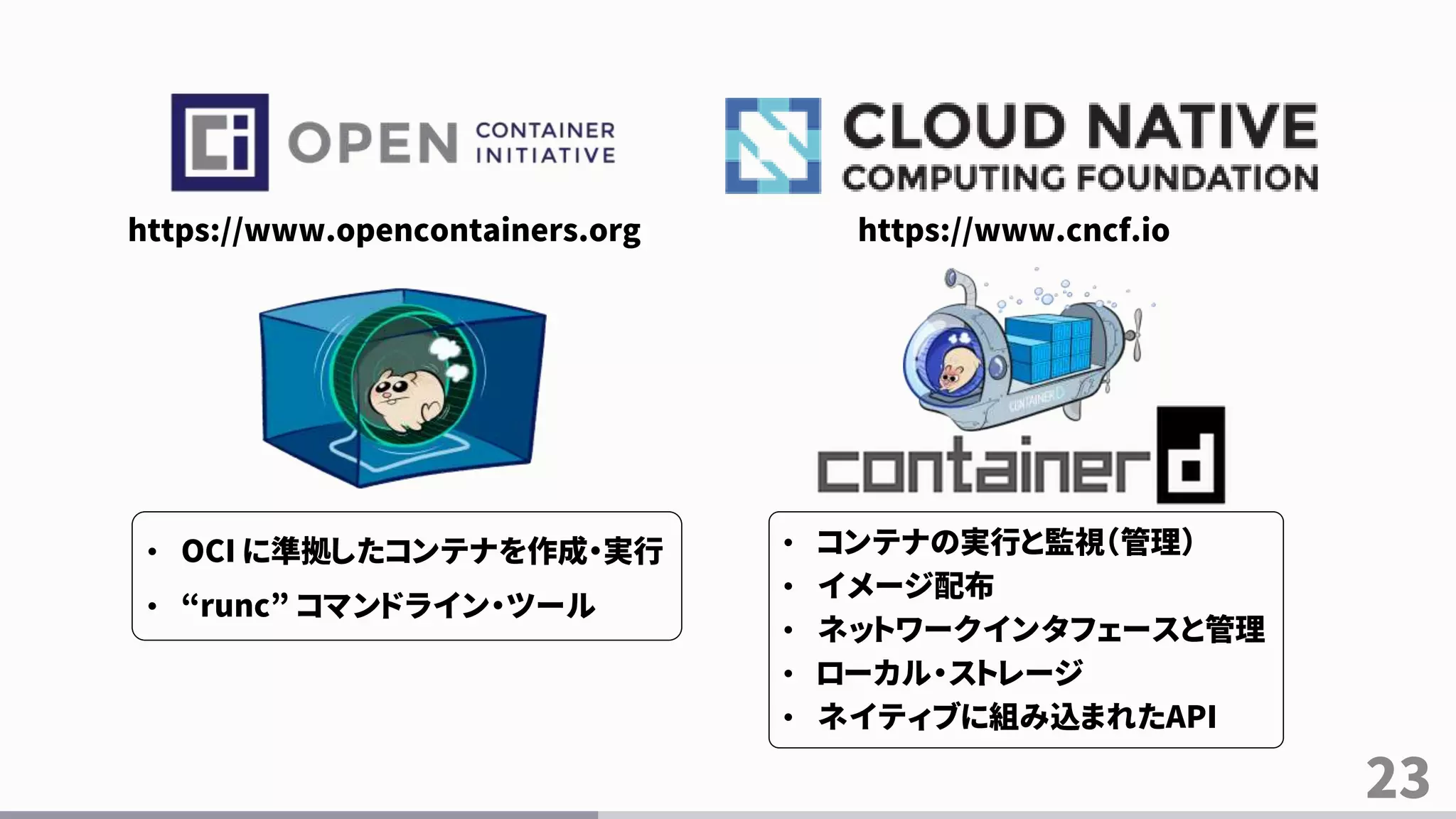 23
https://www.opencontainers.org https://www.cncf.io
• コンテナの実行と監視（管理）
• イメージ配布
• ネットワークインタフェースと管理
• ローカル・ストレージ
• ネイティブに組み込まれたAPI
• OCI に準拠したコンテナを作成・実行
• “runc” コマンドライン・ツール
 