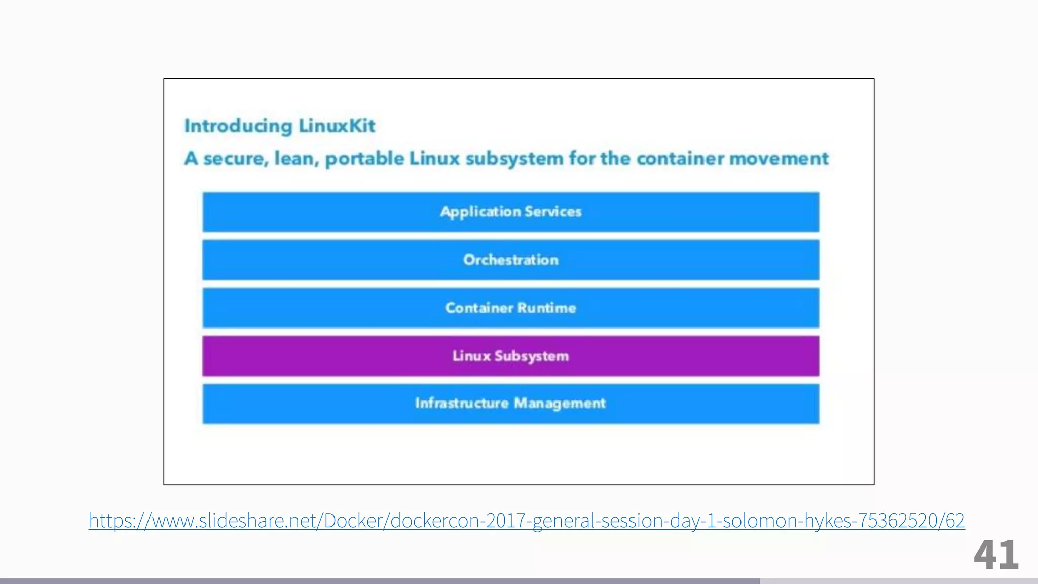 41
https://www.slideshare.net/Docker/dockercon-2017-general-session-day-1-solomon-hykes-75362520/62
 