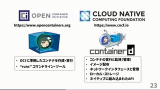 23
https://www.opencontainers.org https://www.cncf.io
• コンテナの実行と監視（管理）
• イメージ配布
• ネットワークインタフェースと管理
• ローカル・ストレージ
• ネイティブに組み込まれたAPI
• OCI に準拠したコンテナを作成・実行
• “runc” コマンドライン・ツール
 