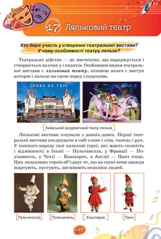 Ляльковий театр
Хто бере участь у створенні театральної вистави?
У чому особливості театруляльок?
Театральне дійство — це мистецтво, що народжується і
створюєтьсяна очах у глядачів. Особливимвидомтеатраль­
ної вистави є ляльковий театр, основою якого є виступ
акторів і ляльок на сцені перед глядачами.
[] Київський академічний театр ляльок^
Лялькові вистави існували з давніх-давен. Перші теат­
ральні вистави поєднували в собі слово і спів, танець і рух.
У кожного народу свої лялькові герої, які мають схожість
і відмінності: в Італії — Пульчінелла, у Франції — По­
лішинель, у Чехії — Кашпарек, в Англії — Панч тощо.
Цих лялькових героїв об'єднує те, що на сцені вони завжди
жартують, пустують, висміюють недоліки людей.
[Ьульчінелла] [^Полішинель] Кашпарек^] ^Панч^
Р7]
 