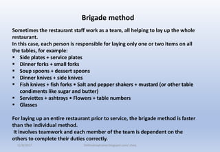 Sometimes the restaurant staff work as a team, all helping to lay up the whole
restaurant.
In this case, each person is responsible for laying only one or two items on all
the tables, for example:
 Side plates + service plates
 Dinner forks + small forks
 Soup spoons + dessert spoons
 Dinner knives + side knives
 Fish knives + fish forks • Salt and pepper shakers + mustard (or other table
condiments like sugar and butter)
 Serviettes + ashtrays • Flowers + table numbers
 Glasses
For laying up an entire restaurant prior to service, the brigade method is faster
than the individual method.
It involves teamwork and each member of the team is dependent on the
others to complete their duties correctly.
Brigade method
11/8/2017 Delhindraqtrainer.blogspot.com/ cheq
 