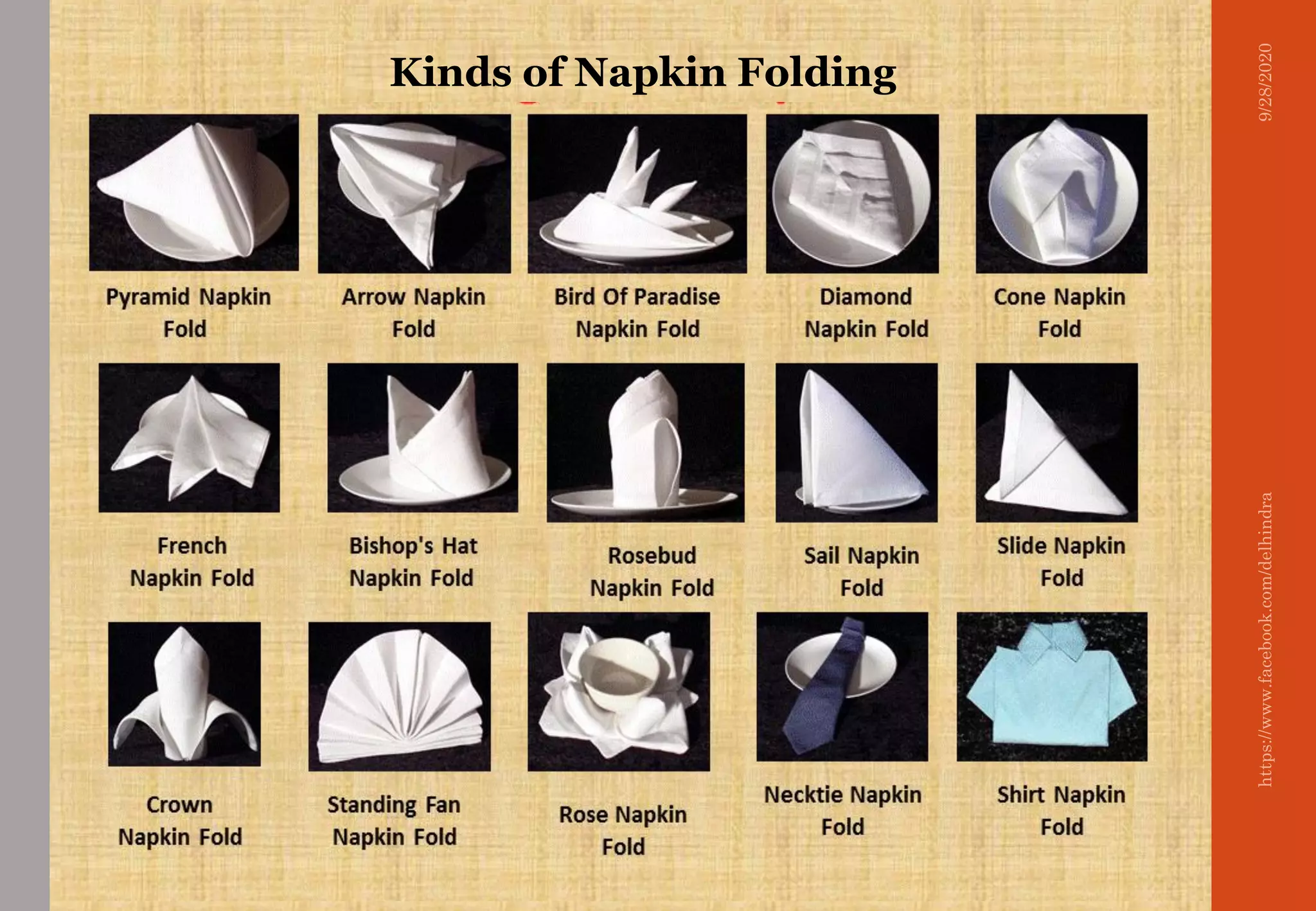 9/28/2020https://www.facebook.com/delhindra
Kinds of Napkin Folding
 