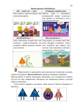 190
Цікаві проекти «ПлюсПлюс»
«Це — наше і це — твоє» «Говоримо українською»
Мультсеріал, який розповідає про
досягнення країни.
Проєкт, який в анімаційно-
розважальній формі розповідає
про правила та особливості, влас-
тиві українській мові.
«ЕкоПлюсПлюс» — «Волохатий блог» —
цикл повчальних історій про стан
довкілля і корисні екозвички, які
потрібно набути кожному мешка-
нцю планети.
мультсеріал, де головні герої Три-
кутя, Квадрик та Кружко зніма-
ють відеоблог про тварин, їхні
звички, їхню важливість співісну-
вання разом з нами на Землі.
Пофантазуйте та придумайте усім класом свою історію про головних
героїв мультсеріалу «Волохатий блог» Трикутю, Квадрика та Кружка.
Проілюструйте її своїми малюнками. Подумайте, яке оточення ви створите
для них на своїх зображеннях. Матеріали для завершення роботи в кольорі
оберіть самостійно.
Готові роботи оформіть виставкою «Нові пригоди Трикуті, Квадрика та
Кружка».
 