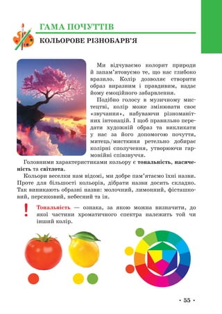 • 55 •
Ми відчуваємо колорит природи
й запам’ятовуємо те, що нас глибоко
вразило. Колір дозволяє створити
образ виразним і правдивим, надає
йому емоційного забарвлення.
Подібно голосу в музичному мис-
тецтві, колір може змінювати своє
«звучання», набуваючи різноманіт-
них інтонацій. І щоб правильно пере-
дати художній образ та викликати
у нас за його допомогою почуття,
митець/мисткиня ретельно добирає
колірні сполучення, утворюючи гар-
монійні співзвуччя.
Головними характеристиками кольору є тональність, насиче-
ність та світлота.
Кольори веселки нам відомі, ми добре пам’ятаємо їхні назви.
Проте для більшості кольорів, дібрати назви досить складно.
Так виникають образні назви: молочний, лимонний, фісташко-
вий, персиковий, небесний та ін.
Тональність — ознака, за якою можна визначити, до
якої частини хроматичного спектра належить той чи
інший колір.
КОЛЬОРОВЕ РІЗНОБАРВ’Я
ГАМА ПОЧУТТІВ
 