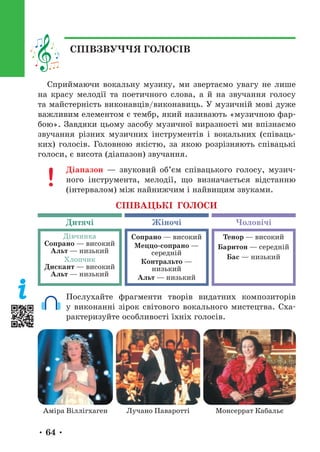 • 64 •
Сприймаючи вокальну музику, ми звертаємо увагу не лише
на красу мелодії та поетичного слова, а й на звучання голосу
та майстерність виконавців/виконавиць. У музичній мові дуже
важливим елементом є тембр, який називають «музичною фар-
бою». Завдяки цьому засобу музичної виразності ми впізнаємо
звучання різних музичних інструментів і вокальних (співаць-
ких) голосів. Головною якістю, за якою розрізняють співацькі
голоси, є висота (діапазон) звучання.
Діапазон — звуковий об’єм співацького голосу, музич-
ного інструмента, мелодії, що визначається відстанню
(інтервалом) між найнижчим і найвищим звуками.
Послухайте фрагменти творів видатних композиторів
у виконанні зірок світового вокального мистецтва. Сха-
рактеризуйте особливості їхніх голосів.
СПІВАЦЬКІ ГОЛОСИ
Дитячі Чоловічі
Жіночі
Дівчинка
Сопрано — високий
Альт — низький
Хлопчик
Дискант — високий
Альт — низький
Сопрано — високий
Меццо-сопрано —
середній
Контральто —
низький
Альт — низький
Тенор — високий
Баритон — середній
Бас — низький
Монсеррат Кабальє
Лучано Паваротті
Аміра Віллігхаген
СПІВЗВУЧЧЯ ГОЛОСІВ
 