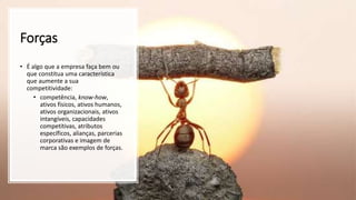 Forças
• É algo que a empresa faça bem ou
que constitua uma característica
que aumente a sua
competitividade:
• competência, know-how,
ativos físicos, ativos humanos,
ativos organizacionais, ativos
intangíveis, capacidades
competitivas, atributos
específicos, alianças, parcerias
corporativas e imagem de
marca são exemplos de forças.
 