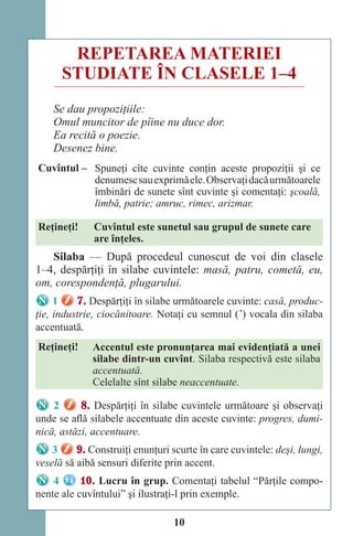 10
REPETAREA MATERIEI
STUDIATE ÎN CLASELE 1–4
Se dau propoziţiile:
Omul muncitor de pîine nu duce dor.
Ea recită o poezie.
Desenez bine.
Cuvîntul – Spuneţi cîte cuvinte conţin aceste propoziţii şi ce
denumescsauexprimăele.Observaţidacăurmătoarele
îmbinări de sunete sînt cuvinte şi comentaţi: şcoală,
limbă, patrie; amruc, rimec, arizmar.
Reţineţi! Cuvîntul este sunetul sau grupul de sunete care
are înţeles.
Silaba — După procedeul cunoscut de voi din clasele
1–4, despărţiţi în silabe cuvintele: masă, patru, cometă, eu,
om, corespondenţă, plugarului.
1 7. Despărţiţi în silabe următoarele cuvinte: casă, produc-
ţie, industrie, ciocănitoare. Notaţi cu semnul (´) vocala din silaba
accentuată.
Reţineţi! Accentul este pronunţarea mai evidenţiată a unei
silabe dintr-un cuvînt. Silaba respectivă este silaba
accentuată.
Celelalte sînt silabe neaccentuate.
2 8. Despărţiţi în silabe cuvintele următoare şi observaţi
unde se află silabele accentuate din aceste cuvinte: progres, dumi-
nică, astăzi, accentuare.
3 9. Construiţi enunţuri scurte în care cuvintele: deşi, lungi,
veselă să aibă sensuri diferite prin accent.
4 10. Lucru în grup. Comentaţi tabelul “Părţile compo-
nente ale cuvîntului” şi ilustraţi-l prin exemple.
Право для безоплатного розміщення підручника в мережі Інтернет має
Міністерство освіти і науки України http://mon.gov.ua/ та Інститут модернізації змісту освіти https://imzo.gov.ua
 