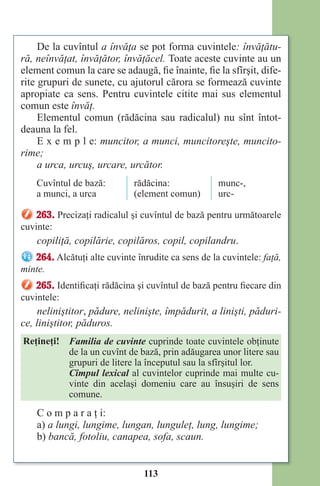 113
De la cuvîntul a învăţa se pot forma cuvintele: învăţătu-
ră, neînvăţat, învăţător, învăţăcel. Toate aceste cuvinte au un
element comun la care se adaugă, fie înainte, fie la sfîrşit, dife-
rite grupuri de sunete, cu ajutorul cărora se formează cuvinte
apropiate ca sens. Pentru cuvintele citite mai sus elementul
comun este învăţ.
Elementul comun (rădăcina sau radicalul) nu sînt întot-
deauna la fel.
E x e m p l e: muncitor, a munci, muncitoreşte, muncito-
rime;
a urca, urcuş, urcare, urcător.
Cuvîntul de bază:
a munci, a urca
rădăcina:
(element comun)
munc-,
urc-
263. Precizaţi radicalul şi cuvîntul de bază pentru următoarele
cuvinte:
copiliţă, copilărie, copilăros, copil, copilandru.
264. Alcătuţi alte cuvinte înrudite ca sens de la cuvintele: faţă,
minte.
265. Identificaţi rădăcina şi cuvîntul de bază pentru fiecare din
cuvintele:
neliniştitor, pădure, nelinişte, împădurit, a linişti, păduri-
ce, liniştitor, păduros.
Reţineţi! Familia de cuvinte cuprinde toate cuvintele obţinute
de la un cuvînt de bază, prin adăugarea unor litere sau
grupuri de litere la începutul sau la sfîrşitul lor.
Cîmpul lexical al cuvintelor cuprinde mai multe cu-
vinte din acelaşi domeniu care au însuşiri de sens
comune.
C o m p a r a ţ i:
a) a lungi, lungime, lungan, lunguleţ, lung, lungime;
b) bancă, fotoliu, canapea, sofa, scaun.
Право для безоплатного розміщення підручника в мережі Інтернет має
Міністерство освіти і науки України http://mon.gov.ua/ та Інститут модернізації змісту освіти https://imzo.gov.ua
 