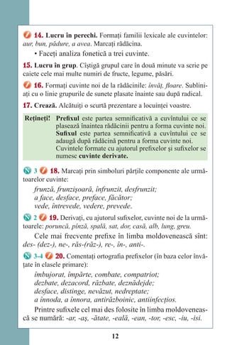 12
14. Lucru în perechi. Formaţi familii lexicale ale cuvintelor:
aur, bun, pădure, a avea. Marcaţi rădăcina.
• Faceţi analiza fonetică a trei cuvinte.
15. Lucru în grup. Cîştigă grupul care în două minute va scrie pe
caiete cele mai multe numiri de fructe, legume, păsări.
16. Formaţi cuvinte noi de la rădăcinile: învăţ, ﬂoare. Sublini-
aţi cu o linie grupurile de sunete plasate înainte sau după radical.
17. Crează. Alcătuiţi o scurtă prezentare a locuinţei voastre.
Reţineţi! Prefixul este partea semnificativă a cuvîntului ce se
plasează înaintea rădăcinii pentru a forma cuvinte noi.
Sufixul este partea semnificativă a cuvîntului ce se
adaugă după rădăcină pentru a forma cuvinte noi.
Cuvintele formate cu ajutorul prefixelor şi sufixelor se
numesc cuvinte derivate.
3 18. Marcaţi prin simboluri părţile componente ale urmă-
toarelor cuvinte:
frunză, frunzişoară, înfrunzit, desfrunzit;
a face, desface, preface, făcător;
vede, întrevede, vedere, prevede.
2 19. Derivaţi, cu ajutorul sufixelor, cuvinte noi de la urmă-
toarele: poruncă, pînză, spală, sat, dor, casă, alb, lung, greu.
Cele mai frecvente prefixe în limba moldovenească sînt:
des- (dez-), ne-, răs-(răz-), re-, în-, anti-.
3-4 20. Comentaţi ortografia prefixelor (în baza celor învă-
ţate în clasele primare):
îmbujorat, împărte, combate, compatriot;
dezbate, dezacord, răzbate, deznădejde;
desface, distinge, nevăzut, nedreptate;
a înnoda, a înnora, antirăzboinic, antiinfecţios.
Printre sufixele cel mai des folosite în limba moldoveneas-
că se numără: -ar, -aş, -ătate, -eală, -ean, -tor, -esc, -iu, -isi.
Право для безоплатного розміщення підручника в мережі Інтернет має
Міністерство освіти і науки України http://mon.gov.ua/ та Інститут модернізації змісту освіти https://imzo.gov.ua
 