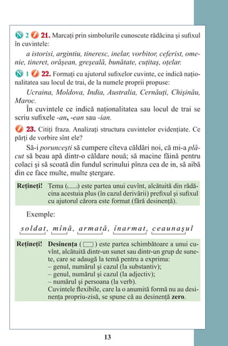13
2 21. Marcaţi prin simbolurile cunoscute rădăcina şi sufixul
în cuvintele:
a istorisi, argintiu, tineresc, inelar, vorbitor, ceferist, ome-
nie, tineret, orăşean, greşeală, bunătate, cuţitaş, oţelar.
1 22. Formaţi cu ajutorul sufixelor cuvinte, ce indică naţio-
nalitatea sau locul de trai, de la numele proprii propuse:
Ucraina, Moldova, India, Australia, Cernăuţi, Chişinău,
Maroc.
În cuvintele ce indică naţionalitatea sau locul de trai se
scriu sufixele -an, -ean sau -ian.
23. Citiţi fraza. Analizaţi structura cuvintelor evidenţiate. Ce
părţi de vorbire sînt ele?
Să-i porunceşti să cumpere cîteva căldări noi, că mi-a plă-
cut să beau apă dintr-o căldare nouă; să macine făină pentru
colaci şi să scoată din fundul scrinului pînza cea de in, să aibă
din ce face multe, multe ştergare.
Reţineţi! Tema ( ) este partea unui cuvînt, alcătuită din rădă-
cina acestuia plus (în cazul derivării) prefixul şi sufixul
cu ajutorul cărora este format (fără desinenţă).
Exemple:
soldat , mînă , armată , înar mat , ceaunaşul
Reţineţi! Desinenţa ( ) este partea schimbătoare a unui cu-
vînt, alcătuită dintr-un sunet sau dintr-un grup de sune-
te, care se adaugă la temă pentru a exprima:
– genul, numărul şi cazul (la substantiv);
– genul, numărul şi cazul (la adjectiv);
– numărul şi persoana (la verb).
Cuvintele flexibile, care la o anumită formă nu au desi-
nenţa propriu-zisă, se spune că au desinenţă zero.
Право для безоплатного розміщення підручника в мережі Інтернет має
Міністерство освіти і науки України http://mon.gov.ua/ та Інститут модернізації змісту освіти https://imzo.gov.ua
 