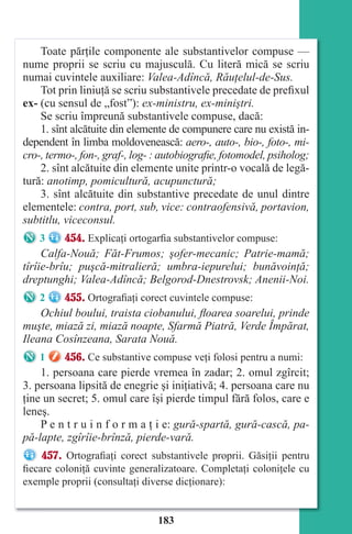 183
Toate părţile componente ale substantivelor compuse —
nume proprii se scriu cu majusculă. Cu literă mică se scriu
numai cuvintele auxiliare: Valea-Adîncă, Răuţelul-de-Sus.
Tot prin liniuţă se scriu substantivele precedate de prefixul
ex- (cu sensul de „fost”): ex-ministru, ex-miniştri.
Se scriu împreună substantivele compuse, dacă:
1. sînt alcătuite din elemente de compunere care nu există in-
dependent în limba moldovenească: aero-, auto-, bio-, foto-, mi-
cro-, termo-, fon-, graf-, log- : autobiografie, fotomodel, psiholog;
2. sînt alcătuite din elemente unite printr-o vocală de legă-
tură: anotimp, pomicultură, acupunctură;
3. sînt alcătuite din substantive precedate de unul dintre
elementele: contra, port, sub, vice: contraofensivă, portavion,
subtitlu, viceconsul.
3 454. Explicaţi ortogarfia substantivelor compuse:
Calfa-Nouă; Făt-Frumos; şofer-mecanic; Patrie-mamă;
tîrîie-brîu; puşcă-mitralieră; umbra-iepurelui; bunăvoinţă;
dreptunghi; Valea-Adîncă; Belgorod-Dnestrovsk; Anenii-Noi.
2 455. Ortografiaţi corect cuvintele compuse:
Ochiul boului, traista ciobanului, ﬂoarea soarelui, prinde
muşte, miază zi, miază noapte, Sfarmă Piatră, Verde Împărat,
Ileana Cosînzeana, Sarata Nouă.
1 456. Ce substantive compuse veţi folosi pentru a numi:
1. persoana care pierde vremea în zadar; 2. omul zgîrcit;
3. persoana lipsită de enegrie şi iniţiativă; 4. persoana care nu
ţine un secret; 5. omul care îşi pierde timpul fără folos, care e
leneş.
P e n t r u i n f o r m a ţ i e: gură-spartă, gură-cască, pa-
pă-lapte, zgîrîie-brînză, pierde-vară.
457. Ortografiaţi corect substantivele proprii. Găsiţii pentru
fiecare coloniţă cuvinte generalizatoare. Completaţi coloniţele cu
exemple proprii (consultaţi diverse dicţionare):
Право для безоплатного розміщення підручника в мережі Інтернет має
Міністерство освіти і науки України http://mon.gov.ua/ та Інститут модернізації змісту освіти https://imzo.gov.ua
 