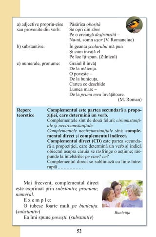 52
a) adjective propriu-zise
sau provenite din verb:
Păsărica obosită
Se opri din zbor
Pe o creangă desfrunzită –
Na-ni, somn uşor.(V. Romanciuc)
b) substantive: În geanta şcolarului mă pun
Şi cum învaţă el
Pe loc îţi spun. (Zilnicul)
c) numerale, pronume: Graiul îl învăţ
De la măicuţa.
O poveste –
De la bunicuţa,
Cartea ce deschide
Lumea mare –
De la prima mea învăţătoare.
(M. Roman)
Repere
teoretice
Complementul este partea secundară a propo-
ziţiei, care determină un verb.
Complementele sînt de două feluri: circumstanţi-
ale şi necircumstanţiale.
Complementele necircumstanţiale sînt: comple-
mentul direct şi complementul indirect.
Complementul direct (CD) este partea secunda-
ră a propoziţiei, care determină un verb şi indică
obiectul asupra căruia se răsfrînge o acţiune; răs-
punde la întebările: pe cine? ce?
Complementul direct se subliniază cu linie între-
ruptă .
Mai frecvent, complementul direct
este exprimat prin substantiv, pronume,
numeral.
E x e m p l e:
O iubesc foarte mult pe bunicuţa.
(substantiv)
Ea îmi spune poveşti. (substantiv)
Bunicuţa
Право для безоплатного розміщення підручника в мережі Інтернет має
Міністерство освіти і науки України http://mon.gov.ua/ та Інститут модернізації змісту освіти https://imzo.gov.ua
 