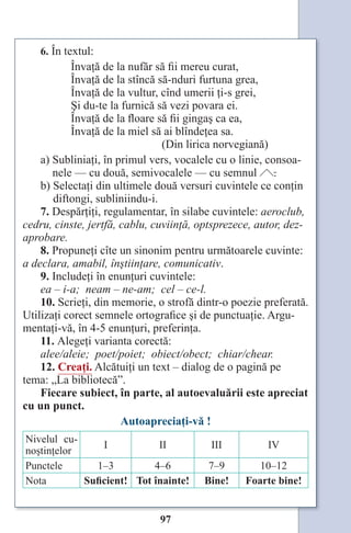 97
6. În textul:
Învaţă de la nufăr să fii mereu curat,
Învaţă de la stîncă să-nduri furtuna grea,
Învaţă de la vultur, cînd umerii ţi-s grei,
Şi du-te la furnică să vezi povara ei.
Învaţă de la floare să fii gingaş ca ea,
Învaţă de la miel să ai blîndeţea sa.
(Din lirica norvegiană)
a) Subliniaţi, în primul vers, vocalele cu o linie, consoa-
nele — cu două, semivocalele — cu semnul .
b) Selectaţi din ultimele două versuri cuvintele ce conţin
diftongi, subliniindu-i.
7. Despărţiţi, regulamentar, în silabe cuvintele: aeroclub,
cedru, cinste, jertfă, cablu, cuviinţă, optsprezece, autor, dez-
aprobare.
8. Propuneţi cîte un sinonim pentru următoarele cuvinte:
a declara, amabil, înştiinţare, comunicativ.
9. Includeţi în enunţuri cuvintele:
ea – i-a; neam – ne-am; cel – ce-l.
10. Scrieţi, din memorie, o strofă dintr-o poezie preferată.
Utilizaţi corect semnele ortografice şi de punctuaţie. Argu-
mentaţi-vă, în 4-5 enunţuri, preferinţa.
11. Alegeţi varianta corectă:
alee/aleie; poet/poiet; obiect/obect; chiar/chear.
12. Creaţi. Alcătuiţi un text – dialog de o pagină pe
tema: „La bibliotecă”.
Fiecare subiect, în parte, al autoevaluării este apreciat
cu un punct.
Autoapreciaţi-vă !
Nivelul cu-
noştinţelor
I II III IV
Punctele 1–3 4–6 7–9 10–12
Nota Suficient! Tot înainte! Bine! Foarte bine!
Право для безоплатного розміщення підручника в мережі Інтернет має
Міністерство освіти і науки України http://mon.gov.ua/ та Інститут модернізації змісту освіти https://imzo.gov.ua
 