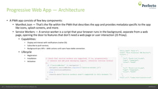 perfecto.io29 | Perfecto by Perforce © 2020 Perforce Software, Inc.
• A PWA app consists of few key components:
• Manifest.Json — That's the file within the PWA that describes the app and provides metadata specific to the app
like icons, splash screens, and more.
• Service Workers — A service worker is a script that your browser runs in the background, separate from a web
page, opening the door to features that don't need a web page or user interaction (JS Proxy).
• Capabilities:
• Display and interact with notifications (native OS).
• Subscribe to push services.
• Background sync APIs – defer actions until users have stable connection.
• Lifecycle
• Registration
• Installation
• Activation
Progressive Web App — Architecture
 