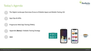 perfecto.io3 | Perfecto by Perforce © 2020 Perforce Software, Inc.
1
2
3
The Digital Landscape Overview (Future of Mobile Apps) and Mobile Testing 101
App Clips & APKs
Progressive Web App Testing (PWAs)
4 Appendix (Bonus): Foldable Testing Strategy
5 Q&A
Today’s Agenda
 