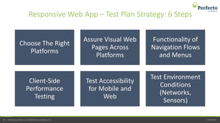 perfecto.io33 | Perfecto by Perforce © 2020 Perforce Software, Inc.
Responsive Web App – Test Plan Strategy: 6 Steps
11/16/2020 33
Choose The Right
Platforms
Assure Visual Web
Pages Across
Platforms
Functionality of
Navigation Flows
and Menus
Client-Side
Performance
Testing
Test Accessibility
for Mobile and
Web
Test Environment
Conditions
(Networks,
Sensors)
 