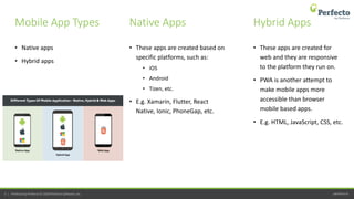 perfecto.io5 | Perfecto by Perforce © 2019 Perforce Software, Inc.
• Native apps
• Hybrid apps
Mobile App Types Native Apps Hybrid Apps
• These apps are created based on
specific platforms, such as:
• iOS
• Android
• Tizen, etc.
• E.g. Xamarin, Flutter, React
Native, Ionic, PhoneGap, etc.
• These apps are created for
web and they are responsive
to the platform they run on.
• PWA is another attempt to
make mobile apps more
accessible than browser
mobile based apps.
• E.g. HTML, JavaScript, CSS, etc.
 