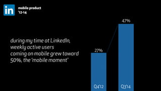 27% 
47% 
Q4’12 Q3’14 
mobile product 
’12-14 
during my time at LinkedIn, 
weekly active users 
coming on mobile grew tow...