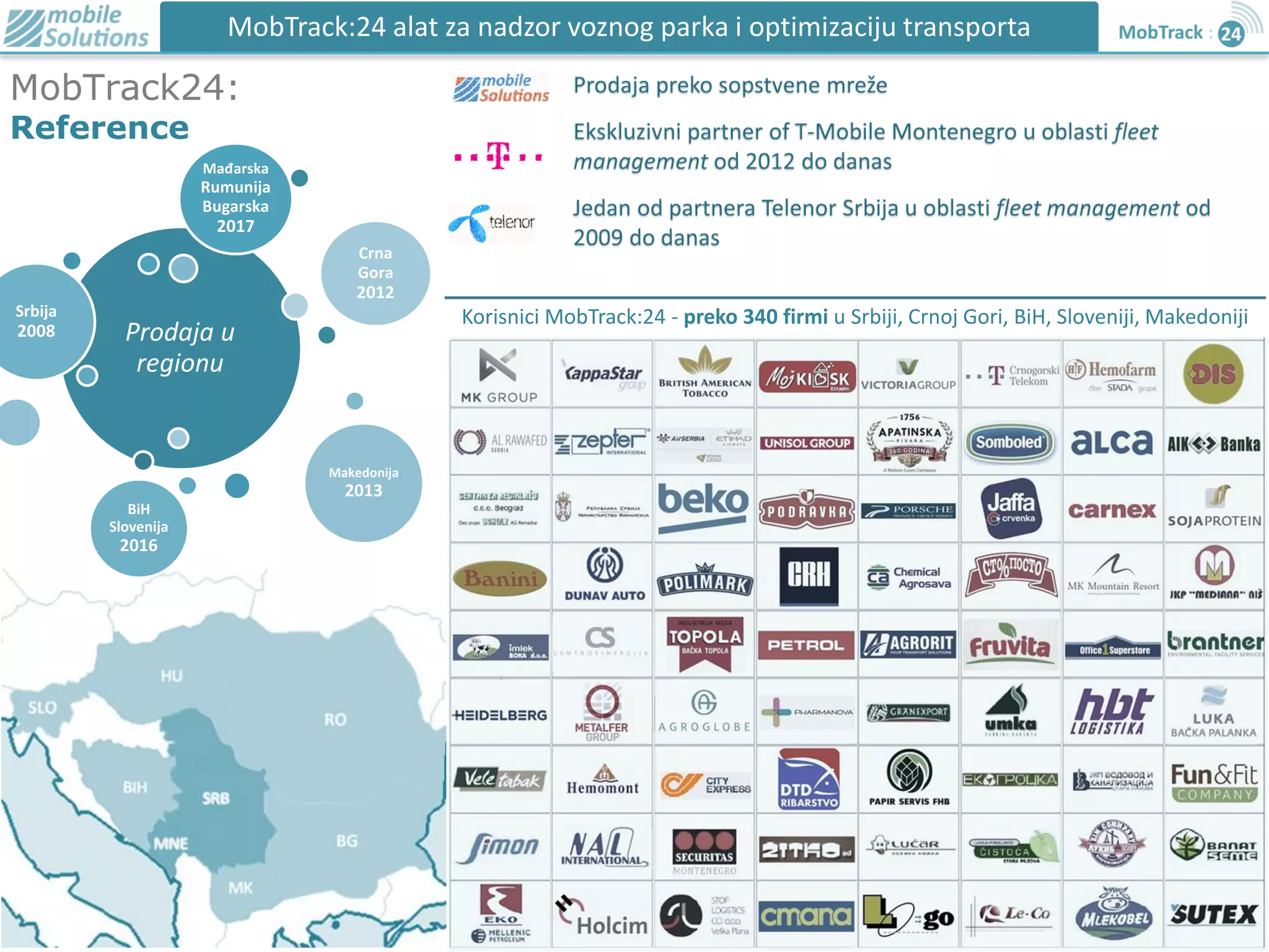 Prodaja u
regionu
Srbija
2008
Crna
Gora
2012
Makedonija
2013
BiH
Slovenija
2016
Mađarska
Rumunija
Bugarska
2017
Korisnici MobTrack:24 - preko 340 firmi u Srbiji, Crnoj Gori, BiH, Sloveniji, Makedoniji
MobTrack24:
Reference
MobTrack:24 alat za nadzor voznog parka i optimizaciju transporta
 