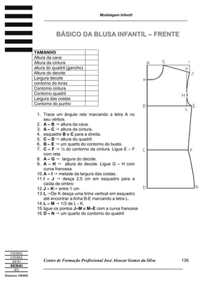 Modelagem Infantil
________________________________________________________________________
Centro de Formação Profissional José Alencar Gomes da Silva
______________________________________________________________________
136
BBÁÁSSIICCOO DDAA BBLLUUSSAA IINNFFAANNTTIILL –– FFRREENNTTEE
1. Trace um ângulo reto marcando a letra A no
seu vértice.
2. A – B  altura da cava.
3. A – C  altura da cintura.
4. esquadre B e C para a direita.
5. C – D  altura do quadril.
6. B – E  um quarto do contorno do busto.
7. C – F  ¼ do contorno da cintura. Ligue E – F
com reta
8. A – G  largura do decote.
9. A – H  altura do decote. Ligue G – H com
curva francesa
10.A – I  metade da largura das costas.
11.I – J  desça 2,5 cm em esquadro para a
caída de ombro
12.J – K entre 1 cm
13.L De K desça uma linha vertical em esquadro
até encontrar a linha B-E marcando a letra L.
14.L – M  1/3 de L - K.
15.ligue os pontos J–M e M–E com a curva francesa
16.D – N  um quarto do contorno do quadril
TAMANHO
Altura da cava
Altura da cintura
altura do quadril (gancho)
Altura do decote
Largura decote
contorno do torax
Contorno cintura
Contorno quadril
Largura das costas
Contorno do punho
 