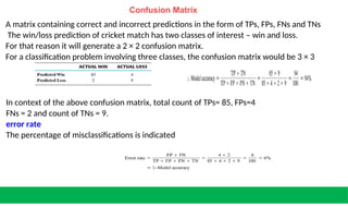 Confusion Matrix
A matrix containing correct and incorrect predictions in the form of TPs, FPs, FNs and TNs
The win/loss prediction of cricket match has two classes of interest – win and loss.
For that reason it will generate a 2 × 2 confusion matrix.
For a classification problem involving three classes, the confusion matrix would be 3 × 3
In context of the above confusion matrix, total count of TPs= 85, FPs=4
FNs = 2 and count of TNs = 9.
error rate
The percentage of misclassifications is indicated
 