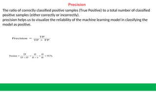 Precision
The ratio of correctly classified positive samples (True Positive) to a total number of classified
positive samples (either correctly or incorrectly).
precision helps us to visualize the reliability of the machine learning model in classifying the
model as positive.
 