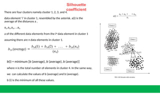 Silhouette
coefficient
There are four clusters namely cluster 1, 2, 3, and 4.
data element ‘i’ in cluster 1, resembled by the asterisk. a(i) is the
average of the distances a ,
ai1,ai2,ai3, …ain
a of the different data elements from the ith data element in cluster 1
assuming there are n data elements in cluster 1.
b(i) = minimum [b (average), b (average), b (average)]
where n is the total number of elements in cluster 4. In the same way,
we can calculate the values of b (average) and b (average).
b (i) is the minimum of all these values.
 