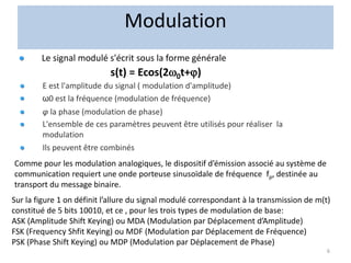 6
Le signal modulé s'écrit sous la forme générale
E est l'amplitude du signal ( modulation d'amplitude)
ω0 est la fréquence (modulation de fréquence)
φ la phase (modulation de phase)
L'ensemble de ces paramètres peuvent être utilisés pour réaliser la
modulation
Ils peuvent être combinés
s(t) = Ecos(20t+)
Comme pour les modulation analogiques, le dispositif d’émission associé au système de
communication requiert une onde porteuse sinusoïdale de fréquence fp, destinée au
transport du message binaire.
Sur la figure 1 on définit l’allure du signal modulé correspondant à la transmission de m(t)
constitué de 5 bits 10010, et ce , pour les trois types de modulation de base:
ASK (Amplitude Shift Keying) ou MDA (Modulation par Déplacement d’Amplitude)
FSK (Frequency Shfit Keying) ou MDF (Modulation par Déplacement de Fréquence)
PSK (Phase Shift Keying) ou MDP (Modulation par Déplacement de Phase)
Modulation
 